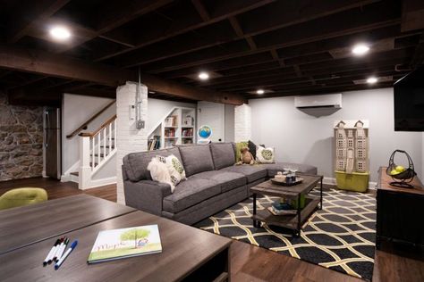 12 Extravagant Low Ceiling Basement Lighting Ideas | Lightopia Beam Ceiling Lighting, Basement Lighting Ideas, Den Interiors, Ceiling Lighting Ideas, Basement Remodel Ideas, Wet Bar Basement, Ceiling Basement, Low Ceiling Basement, Exposed Ceilings