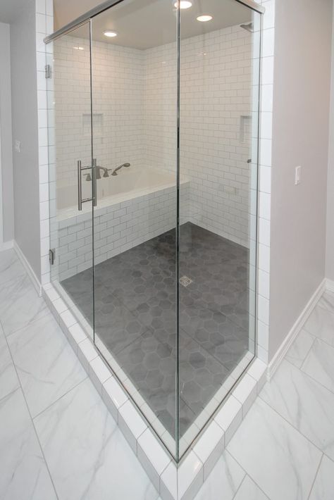 Shower Floor Tile With Subway Tile Walls, White Shower With Gray Floor, Grey Shower Floor Tile Ideas, White Shower Walls With Grey Floor, 12x24 Black Floor Tile Bathroom, Gray Shower Floor Tile Ideas, White Shower Gray Floor, Gray Tile Shower Floor, Gray White Shower Tile