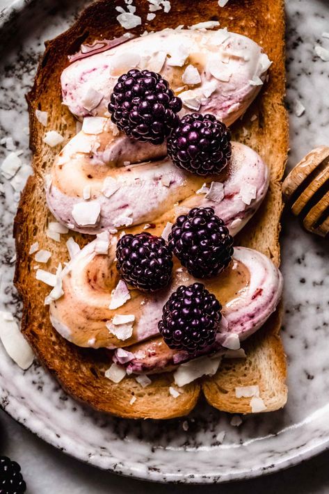 Whipped Ricotta Toast Recipe Honey Whipped Ricotta, Whipped Ricotta Toast, Roasted Beet Hummus, Dreamy Desserts, Ricotta Toast, Whipped Ricotta, Ricotta Recipes, Sliced Pears, Purple Food