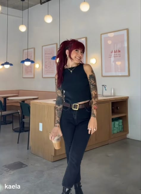 Fall outfit Dark Hipster Outfits, Budtender Outfit, Neutral Alternative Outfits, Sophisticated Alternative Fashion, Motorcycle Date Outfit, Tattoo Shop Outfit, Tattoo Artist Outfit Style, All Black Midsize Outfit, Moody Outfit Aesthetic