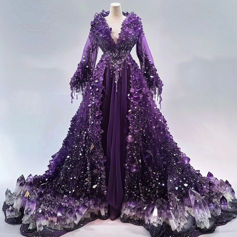 Would you wear these dresses 👗? These images are generated using AI #crystals #gemstone #dress Mystical Dresses, Gemstone Dress, Gem Dress, Amethyst Dress, Rhinestone Wedding Dress, Oc Stuff, Portfolio Ideas, Theme Dress, Fairytale Dress