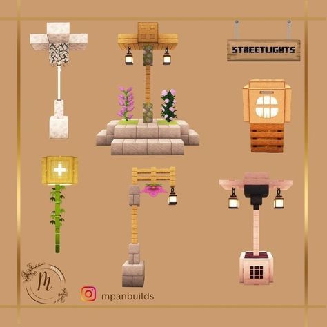 Street Lamp Design Minecraft, Minecraft Path Lighting Ideas, Minecraft Outside Lights, Street Light Minecraft Ideas, Minecraft Ideas To Build Decor, Minecraft Decorative Builds, Minecraft Streetlights, Streetlights Minecraft, Minecraft Cherry Lamp Post