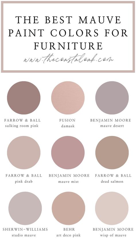 Mauve Paint, Mauve Paint Colors, Mauve Bedroom, Master Bath Ideas, Coastal Oak, Mauve Walls, Pink Paint Colors, Art Deco Pink, Painted Furniture Colors