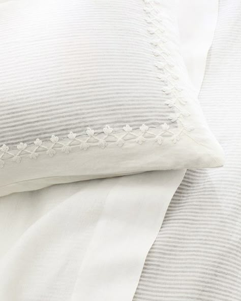 TOUR the Beautiful Rose Cottage & More - Design Chic Textured Embroidery, Beautiful Bedding Sets, Goose Down Pillows, Serena Lily, Linen Sheet Sets, Luxury Bedding Collections, Embroidered Border, White Company, Dyed Linen