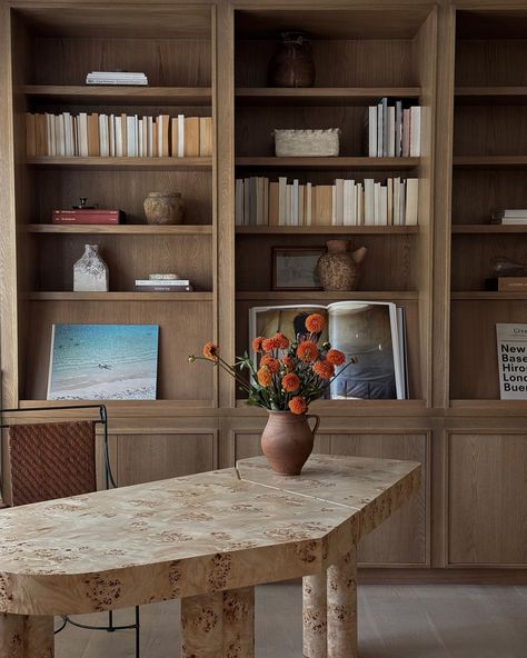 Katie Harbison | Project Amigo Study. We designed a custom wall to wall bookcase featuring a perfect blend of open shelves and closed storage, ideal for… | Instagram Studio Mcgee Bookshelves, Dining Room Built Ins, Kitchen Bookshelf, Wall Bookcase, Custom Bookshelves, Bookcase With Drawers, Bleached Wood, Custom Shelving, Etagere Bookcase