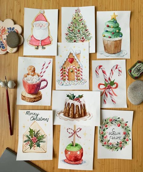 Christmas Painting Ideas Watercolor, Cristmas Fanart, Drawing Christmas Ideas, Christmas Cards Painting, Christmas Card Ideas Drawing, Christmas Cards Aquarel, Christmas Aquarelle Card, Christmas Card Art Ideas, Christmas Card Painting Ideas