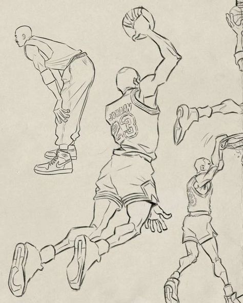 Basketball Cartoon Drawing, Basketball Players Drawing, Easy Basketball Drawings, Micheal Jordan Drawings, Basketball Drawing Ideas, Basketball Reference Pose, Sports Drawing Ideas, Basketball Art Draw, Basketball Poses Drawing