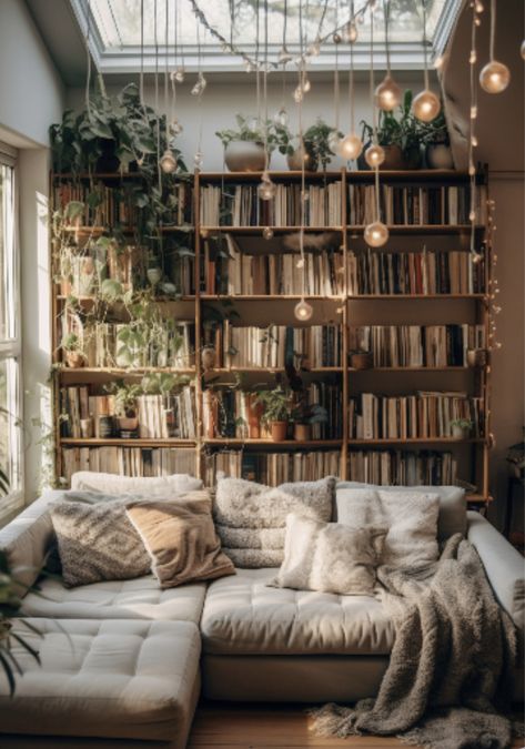 Boho Library Room, Light Academia Interior Design, Light Academia Living Room, Home Library Aesthetic, Dark Academia Living Room, Granger Aesthetic, 1940s House, Hermione Granger Aesthetic, Cozy Home Library