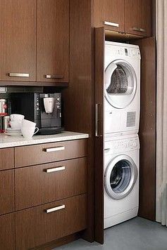 How We Installed a Washer Dryer in the Kitchen (NYC Apartment) Laundry In Kitchen, Laundry Nook, Hidden Laundry, Small Laundry Room Organization, Stackable Washer And Dryer, Laundry Cabinets, Laundry Ideas, Laundry Closet, Small Laundry Rooms