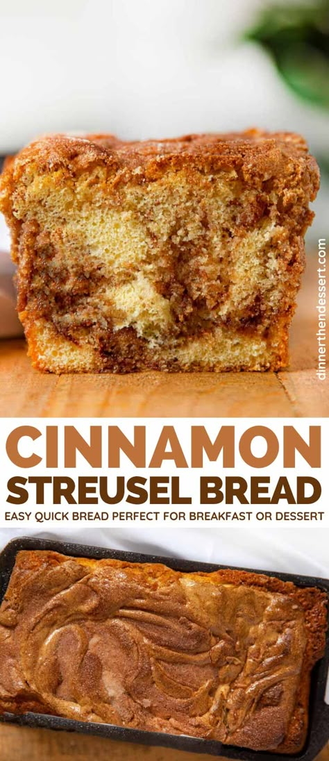 Cinnamon Streusel Bread is an easy quick bread with buttermilk with a cinnamon swirl topped with a crispy sugar crust. Perfect for breakfast or dessert! #cinnamon #streusel #coffeecake #breakfastbread #dessert #cinnamonbread #brownsugar #dinnerthendessert Cinnamon Streusel Bread, Bread With Buttermilk, Quick Apple Dessert, Dessert Cinnamon, Cinnamon Crumb Cake, Easy Quick Bread, Dinner Then Dessert, Cinnamon Swirl Bread, Cinnamon Streusel