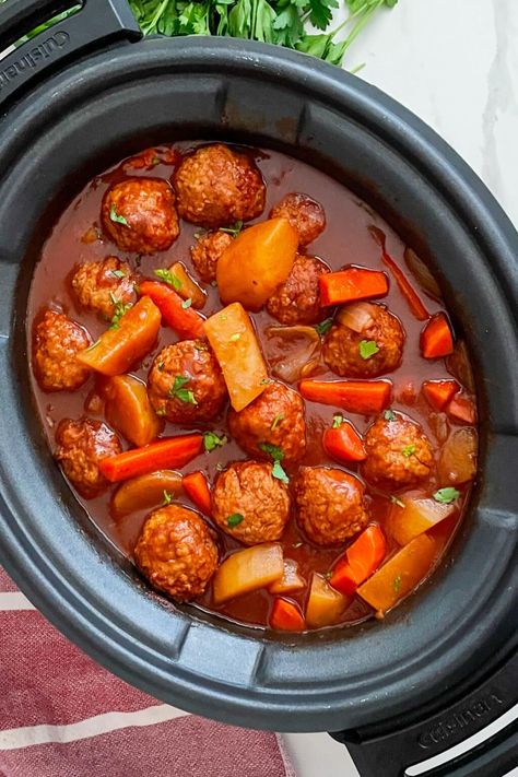 Slow Cooker Meatball Pot Roast | Modernmealmakeover.com Meatball Pot Roast, Meals With Meatballs, Slow Cooker Frozen Meatballs, Dollar Tree Recipes, Pot Roast With Carrots, Easy Slow Cooker Meatballs, Dinner Meatballs, Veg Crispy, Frozen Meatball Recipes