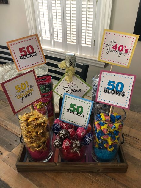 Fifty Bday Ideas, Funny 40 Birthday Gifts, 50th Birthday Snack Ideas, 50th Gag Gifts, 50 Year Old Surprise Birthday Party, 50th Birthday Gift Table Ideas, 50th Birthday Candy Table, Cute 50th Birthday Gift Ideas, Turning 50 Birthday Party Ideas