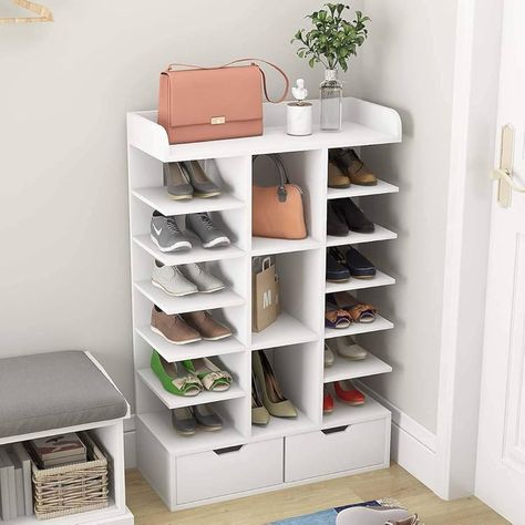 Amazon.com: Waktavel Free Standing Shoe Rack Organizer, Wooden White Vertical Shoe Rack with Drawer and Open Top, Space Saving Small Shoe Storage Stand for Entryway Hallway Bedroom (11" x 28" x 43") : Home & Kitchen Shoe Rack Drawer, White Shoe Rack, Shoe Rack For Small Spaces, Large Shoe Rack, Shoe Rack Ideas, Vertical Shoe Rack, Wood Shoe Storage, Shoe Rack Organizer, Wooden Shoe Racks