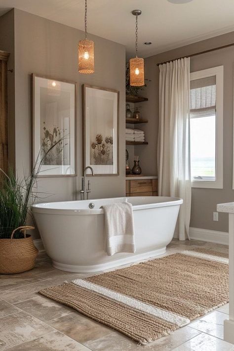 Cozy Luxury Bathroom, Blue And Beige Bathroom Ideas, Dark Colored Bathroom Ideas, Taupe Master Bath, White And Taupe Bathroom, Contemporary Classic Bathroom, Cozy Guest Bathroom, Warm Transitional Bathroom, Taupe Bathroom Walls