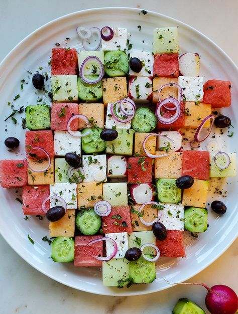 Melon and Feta Tetris Salad | The Lemon Apron Tetris Salad, Composed Salads, Melon Salad, Decorações Com Comidas, Food Platters, Charcuterie Boards, Food Presentation, Cooking Ideas, Macrame Patterns