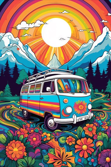 Hippie Room Decor Bohemian, Hippie Illustration, Vw Hippie Van, Van Traveling, Hippie Pictures, Van Hippie, Hippy Art, Vw Art, Surreal Landscape