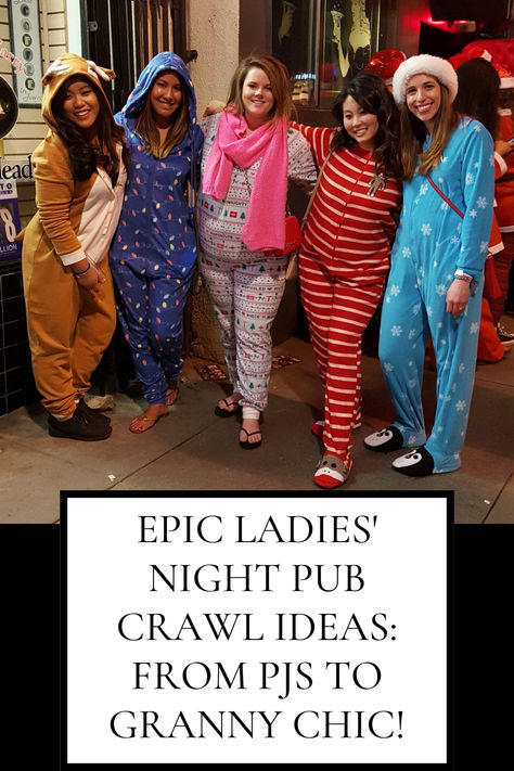 The ultimate guide for an epic ladies' night pub crawl! From cozy PJ parties to adventurous cosplay nights, our blog offers creative themes like Christmas in July, Drunk Trivia Pub Crawl and even a Sober Crawl! Get tips for making your night unforgettable with Game Nights Galore. Perfect for those looking to spice up their nights out with the girls! Bar Crawl Themes Costumes, Ladies Night Themes, Ladies Night Out, Pub Crawl Themes, Christmas Bar Crawl Outfit, Bar Crawl Themes, Adult Pj Party Ideas, Bachelorette Night Out Outfit Themes, Adult Pj Party