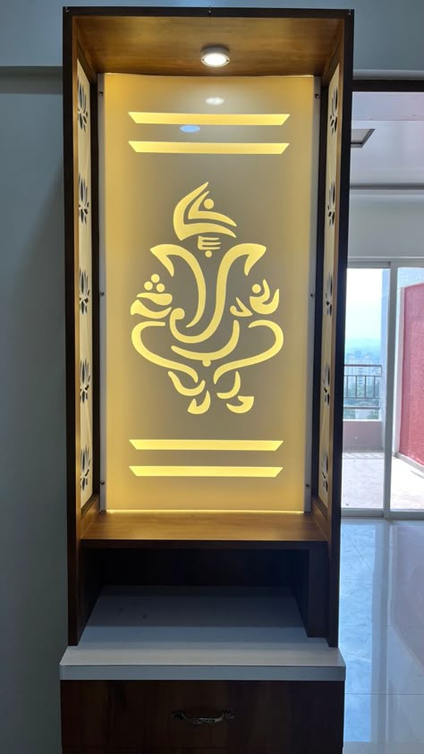 Ganesh On Glass Door, Puja Room Cnc Design, Jaali Design For Mandir, Pooja Unit Cnc Design, Dev Ghar Design In Hall, Ganesh Glass Design, Mandir Jaali Designs, Mdf Mandir Design, Cnc Temple Design