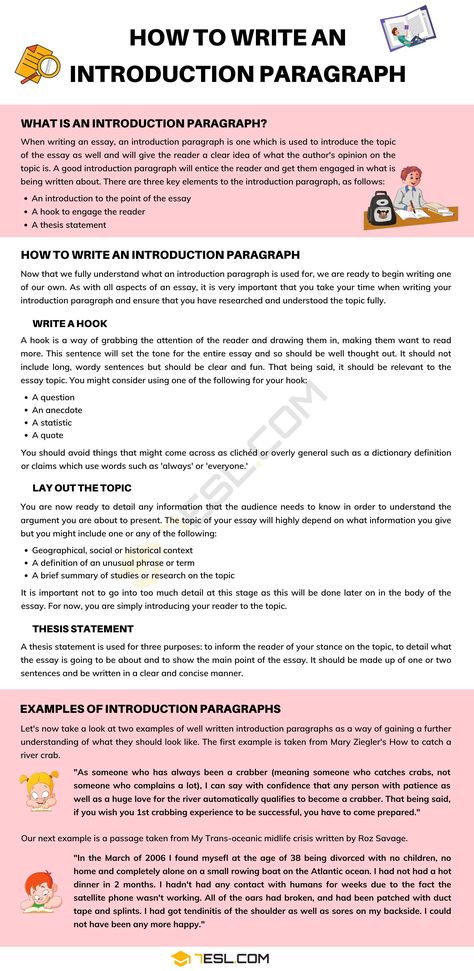 Introduction Paragraph: How To Write An Introduction Paragraph (with Examples) - 7 E S L Essay Writing Introduction, Introduction Essay Example, How To Write A Introduction Paragraph, Essay Writing Tips Introduction, How To Write A Good Essay Introduction, College Introduction Paragraph, How To Write An Introduction To An Essay, How To Write An Introduction, How To Write Introduction