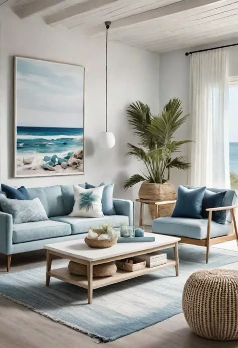 43 Modern Living Room Inspirations: Chic, Spacious, and Vibrant 8 Coastal Blue Interior, Light Blue Living Room Color Scheme, Modern Coastal Apartment, Coastal Japandi, Caribbean Living Room, Modern Coastal Living Room Ideas, Beach Apartment Decor, Living Room Mediterranean, Beach House Decor Living Room