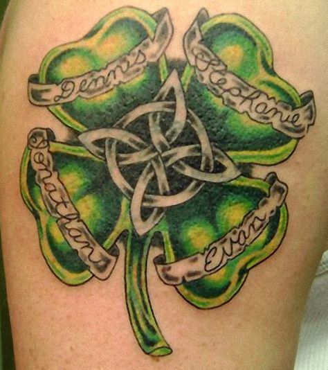 love this idea w/the kids' names. Celtic Tattoo Meaning, Leprechaun Tattoos, Family Name Tattoos, Claddagh Tattoo, Shamrock Tattoo, Irish Tattoo, Tattoos Behind Ear, Four Leaf Clover Tattoo, Tato Tradisional