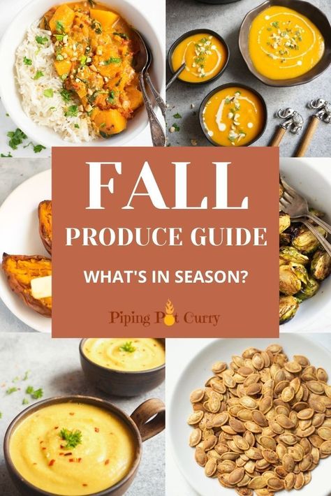 Fall is here! Seasonal eating is the most flavorful and nutrient-dense way to eat while still conserving money. Here's a fall produce guide to help you choose and prepare using seasonal food! | Fall fruits | Fall vegetable | Whats in season | pipingpotcurry.com Fall In Season Produce, Fall Seasonal Vegetables, Fall Veggies In Season, Vegetables In Season By Month, Fall Fruits In Season, Seasonal Produce, Seasonal Produce Guide, Fall Produce, Fall Veggies