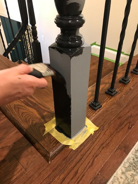 Paint Handrail, Stair Risers and Trim Perfectly Every Time! | DeeplySouthernHome Black Painted Stairs, How To Paint Trim, Painted Stair Railings, Black Stair Railing, Stairs Trim, Stair Spindles, Painted Staircases, Black Stairs, Paint Trim