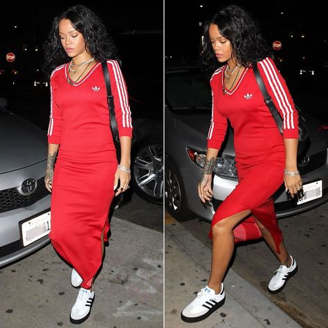 Adidas Dress Street Styles, Rihanna Adidas, Sambarose Adidas Outfit, Adidas Dress Outfits, Adidas Sambarose, Samba Shoes, Adidas Dress, Samba Outfit, Look Adidas