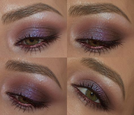 Purple Makeup For Hazel Eyes, Hooded Eye Purple Eyeshadow, Holographic Smokey Eye, Purple Smokey Eye Brown Eyes, Purple Mauve Makeup Look, Smokey Lavender Eye Makeup, Makeup With Violet Dress, Nye Eye Makeup Purple, Bronze And Purple Eye Makeup