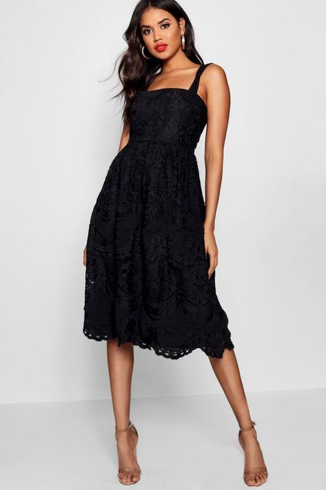 El Embroidered Square Neck Midi Skater Dress - boohoo party dress, little black dress, LBD Little Black Lace Dress, Midi Skater Dress, Brazilian Body Wave, Wig Human Hair, Scallop Trim, Korean Outfits, Boutique Dresses, Skater Dress, Baby Hairstyles