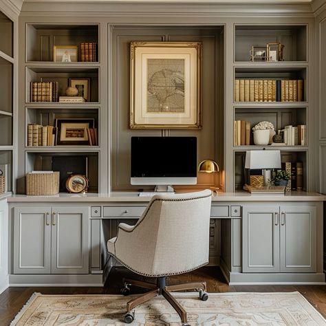 Cozy Home Office With Couch Library, Cozy Office For Two, Home Office With Bookshelf, Bookshelves With Desk In The Middle, Built In Shelves Office, Shelf Styling Office, Home Office Inspiration Cozy, Bookshelves Organization, Built In Study