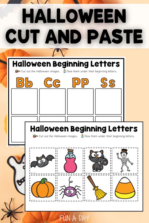 Use this free Halloween cut and paste printable with preschool and kindergarten children. It's a great way to work on fine motor skills, as well as early reading concepts! Add it to your Halloween lesson plans or place it in your literacy center during October. Click on the Fun-A-Day.com link for more information. Halloween Theme Activities For Kindergarten, Pre K Halloween Lesson Plans, Kindergarten Halloween Reading Activity, Halloween Cvc Words, Halloween Literacy Kindergarten, Halloween Preschool Activities Free Printable Free, Preschool Halloween Books And Activities, Halloween Centres For Kindergarten, Halloween Name Activities Preschool Free