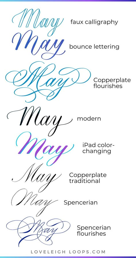 Want to learn how to write May in calligraphy? The month of May is an easy way to learn calligraphy as it is a short an easy word to write. Here you'll find a calligraphy tutorial that shows you the ins and outs of the month May in calligraphy in faux calligraphy, Copperplate, bounce lettering, flourishes and more. If you want to learn calligraphy then this lettering guide is an excellent place to start. Follow Loveleigh Loops for more lettering tutorials and calligraphy guides. May Calligraphy, May Lettering, Month Calligraphy, Calendar Calligraphy, Cursive Styles, Lettering Flourishes, Bounce Lettering, Easy Lettering, Calligraphy Writing Styles