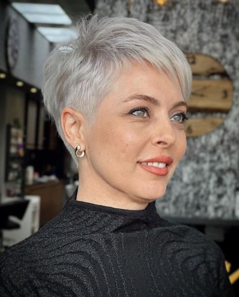 Elegant Gray Pixie with Side Undercut Silver Hair Pixie Haircut, Silver Pixie Haircut, Side Undercut, Super Short Pixie Cuts, Gray Pixie, Sashay Scarf, Pixie Haircut Fine Hair, Short Pixie Bob, Short Curly Pixie