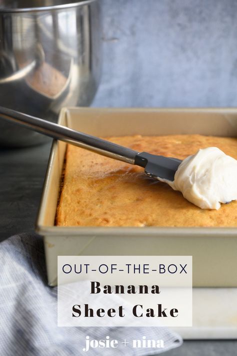 Banana Sheet Cake is the perfect snack, breakfast or coffee partner. Whether topped with cream cheese frosting or sprinkled with powdered sugar, Banana Sheet Cake is an easy dessert that is a boxed cake mix hack. Boxed Banana Cake, Cake Mix And Bananas Recipes, Banana Cake From Cake Mix Recipe, Box Mix Banana Cake, Banana Cake Using Box Cake, Banana Cake From Box Cake, Banana Pudding Sheet Cake, Banana Cake Box Recipe, Cake With Bananas