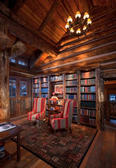 Library in Montana log home.... pretty Diy Home Library, Rustic Log Home, Attic Office, Log Cabin Living, Log Home Living, Log Cabin Ideas, Log Home Decorating, Dream Cabin, Rustic Homes