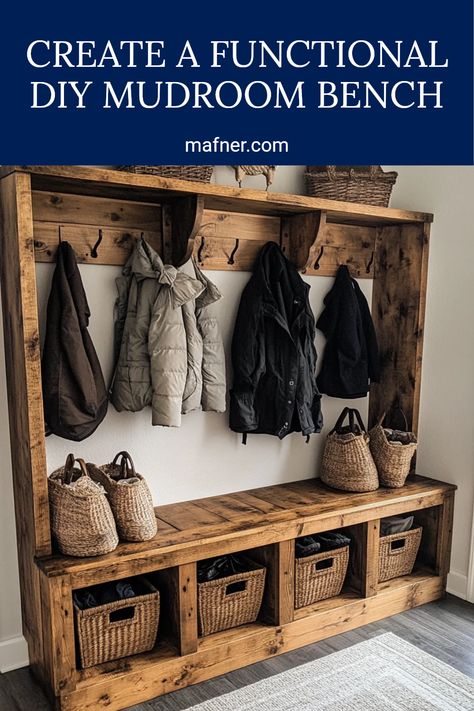 A beautiful DIY mudroom bench that's perfect for home entryway storage, providing a stylish and functional space for organizing shoes and jackets. Mud Room Shoe And Boot Storage, How To Build A Coat Rack Bench, Shoe Bench With Coat Rack, Corner Entryway Bench Diy, Custom Entry Bench, Built In Boot Bench, Bench Shoe Rack Diy, Coat Rack With Bench And Storage, Boot Bench Ideas