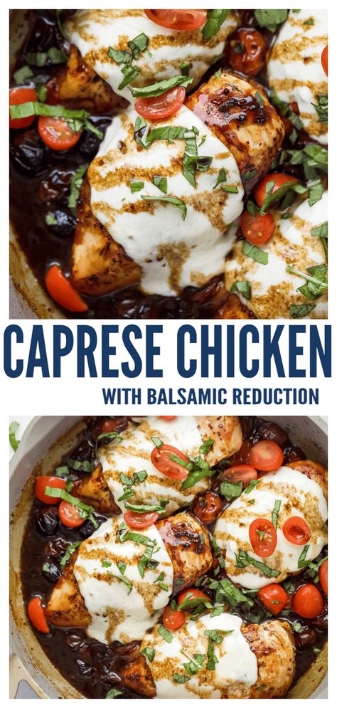 This juicy, baked chicken caprese is drizzled with balsamic reduction for a savory meal you'll love! Each bite is filled with fresh basil, melty mozzarella, and sweet roasted tomatoes for a mouthwatering chicken dinner you'll never regret making #chickendinner #chickenrecipes #bakedchicken #chickencaprese #caprese #easydinnerideas Balsamic Baked Chicken With Mozzarella, Baked Chicken With Mozzarella Cheese, Raspberry Balsamic Chicken, Chicken Caprese Bowl, Chicken Caprese Pasta Bake, Dinner Recipes With Fresh Mozzarella, Recipes With White Balsamic Vinegar, Caprese Salad Chicken, Chicken Balsamic Mozzarella Recipes