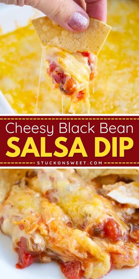 Cheesy Black Bean Salsa Dip is the perfect addition to your Superbowl party food idea! With cream cheese, salsa, and shredded cheese, it's a crowd pleaser. Serve with tortilla chips for a delicious game day menu. Try it today and enjoy! Black Bean Cheese Dip, Cheesy Black Bean Dip, Black Bean Salsa Dip, Bean Salsa Dip, Corn Salsa Dip, Hot Dip Recipes, Best Party Dips, Bean Cheese Dip, Corn Bean Salsa