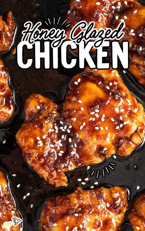 a bunch of honey glazed chicken thighs topped with sesame seeds Honey Glazed Chicken Thighs, Honey Glazed Chicken Breast, Honey Chicken Breast, Honey Chicken Thighs, Glazed Chicken Thighs, Glazed Chicken Breast, Honey Baked Chicken, Meat Entrees, Honey Garlic Chicken Thighs