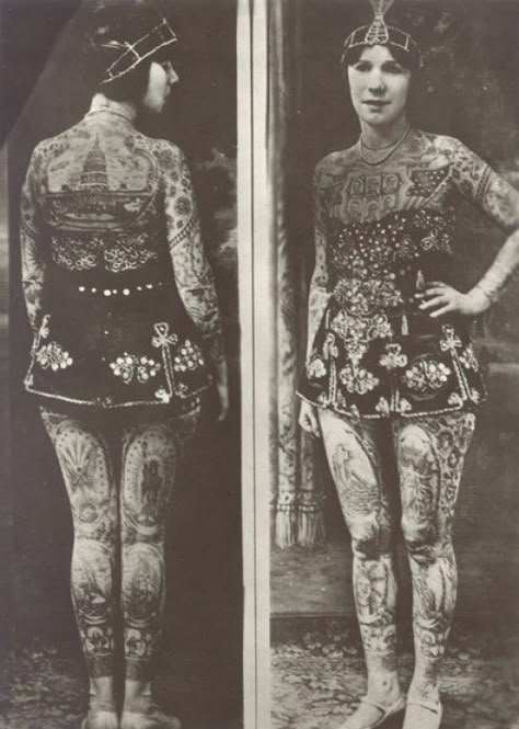 Lady Viola (originally born as Ethel Martin) Covington, Kentucky, 1898; tattooed by Frank Graf (Coney Island) in the 1920s. She became a tattoo attraction, billed as "the most beautiful tattooed woman in the world"; she wasn't only a circus tattooed History Of Tattoos, Historical Tattoos, Circus Tattoo, Tattooed People, Vintage Tattoos, Tattooed Lady, Tattoo Vintage, History Tattoos, Side Show