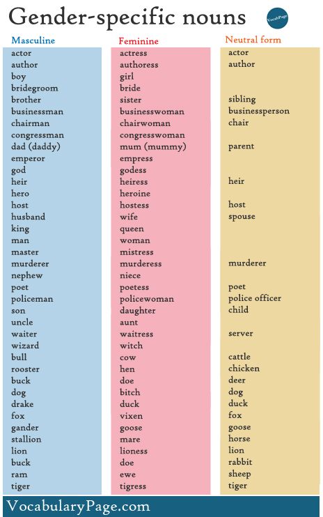 Gender-specific nouns Genders List, Gender Nouns, Gender In English, Masculine And Feminine Gender, Gender Of Animals, Gender Of Nouns, Animals List, Grammar Tenses, English Grammar Tenses