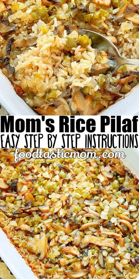 Why is this the best rice pilaf? Because it is my Mom's recipe. White rice cooks to perfection in the oven with just a few surprising ingredients. via @foodtasticmom Steakhouse Rice Pilaf, Baked Rice Pilaf Recipes Oven, Homemade Rice Pilaf Recipes, Pilaf Rice Recipe Chicken, Oven Rice Pilaf, Baked Rice Pilaf Oven, Oven Baked Rice Pilaf, Chicken And Rice Pilaf Recipes, Oven Baked Rice Recipes