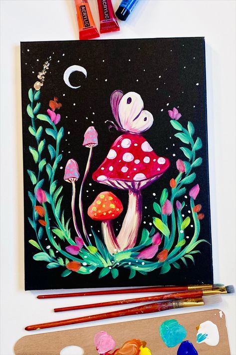 Acrylic Painting Ideas Set Of 3, Mushroom Scene Painting, Cute Mushrooms Painting, Magical Paintings Easy, Diy Mushroom Painting, Abstract Mushroom Painting, Paint Sip Ideas, Guy Painting Ideas, Pink Mushroom Painting