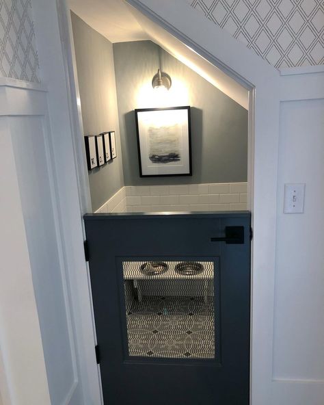 Who let the dogs 🐶 out?! We ❤️ this use of space under the stairwell🐕 Opt-in to having a dog room in your home at #SneeFarmVillage ! Click… | Instagram Under Staircase Nook Ideas, Under Stairs Dog Kennel Door, Under Stairs Ideas Dog Spaces, Dog Spaces Under Stairs, Basement Laundry Room Under Stairs, Dog Space Under Stairs Staircases, Dog Spot Under Stairs, Under Stairs Closet Dog Room, Dog Kennel Basement