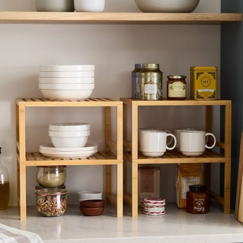 How To Decorate Kitchen Shelves, Small Kitchen Counter, Kitchen Counter Organization Ideas, Counter Shelf, Kitchen Counter Organization, Kitchen Set Up, Counter Organization, Bamboo Shelf, Kitchen Organisation