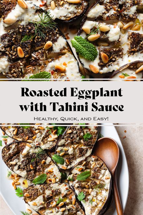 This Roasted Eggplant with Tahini Sauce is a Middle Eastern cuisine inspired side dish. Eggplant is roasted with za'atar spice and drizzle with creamy tahini sauce. The eggplant is crispy on top and butter soft on the inside which goes perfectly well with the tahini sauce. The toasted pine nuts on top are a must! Try it with toasted baguette or a choice of protein. Eggplant With Tahini Sauce, Toasted Baguette, White Bean Soup Recipes, Tahini Recipe, Eggplant Dishes, Middle Eastern Cuisine, Roasted Eggplant, Roast Eggplant, Grilled Eggplant