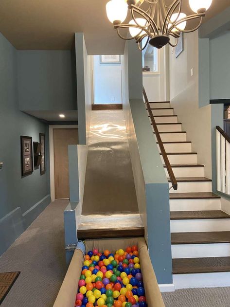 Slide And Ball Pit, Indoor Slide, House Slide, Indoor Slides, Furniture Small Spaces, Cat Furniture Diy, Small Space Diy, Ball Pit, Luxury Homes Dream Houses