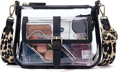 Stadium Approved clear purse/bag with measurements 9.4'' Lx1.9'' Wx6.8''H, 0.66 Lb Zipper main compartment that fits up to 6.7'' phone, lipstick, mini wallet, and sunglasses Exterior flap pocket with a magnetic button #ad Concert Bag, Concert Bags, Clear Stadium Bag, Stadium Bag, Accessorize Bags, Clear Purses, Small Makeup Bag, Transparent Bag, Outfits To Try