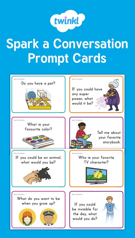 Spark a Conversation Prompt Cards - Encourage your students to strike up a conversation with these lovely cards - Twinkl Conversation Cards For Kids, Classroom Conversation, Conversation Activities, Ell Strategies, Conversation For Kids, Language Activities Preschool, English Conversation For Kids, 4th Grade Activities, Esl Materials